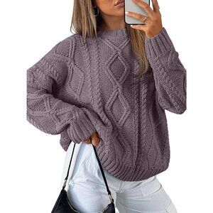 Women's Trendy Mauve Taupe Sweaters Shirt Style Winter Cozy Cable Knit Crewneck